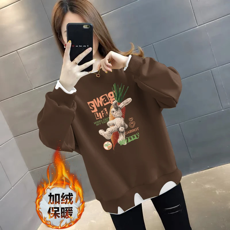 加绒加厚假两件套头卫衣女秋冬季新款洋气显瘦减龄时尚百搭上衣潮