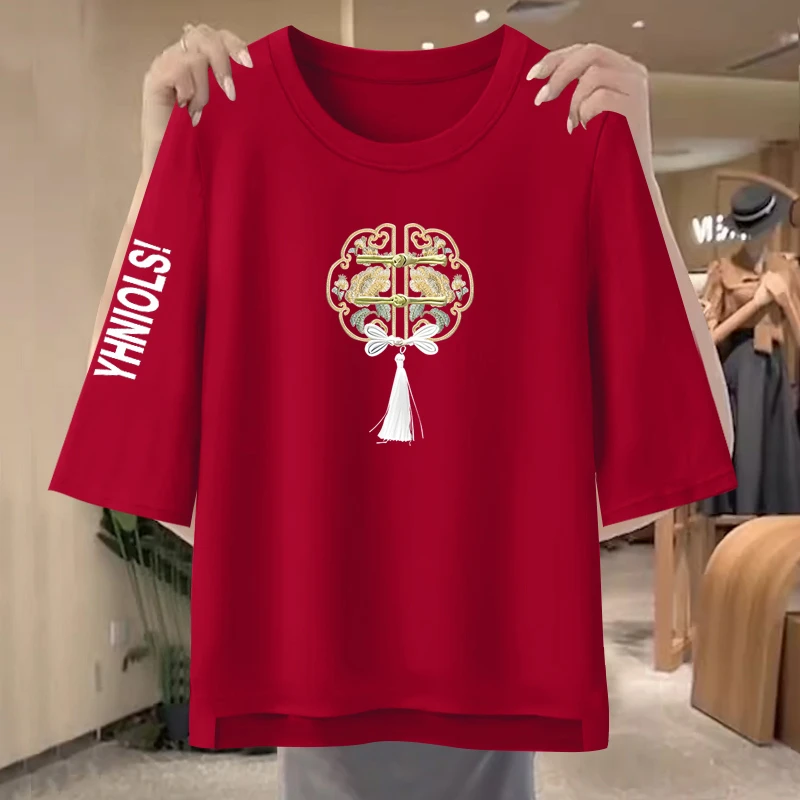 新中式国风短袖T恤女2024夏季新款修身印花盘扣纯棉半袖体恤上衣