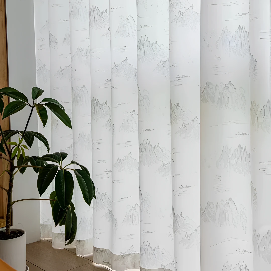 【新中式山水纱】透光不透人耐磨纱帘  客厅阳台卧室高度窗纱