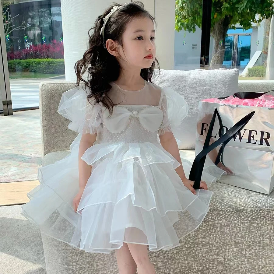 夏季新款女童韩版蝴蝶结甜美网纱公主裙女孩蛋糕裙连衣裙礼服裙潮