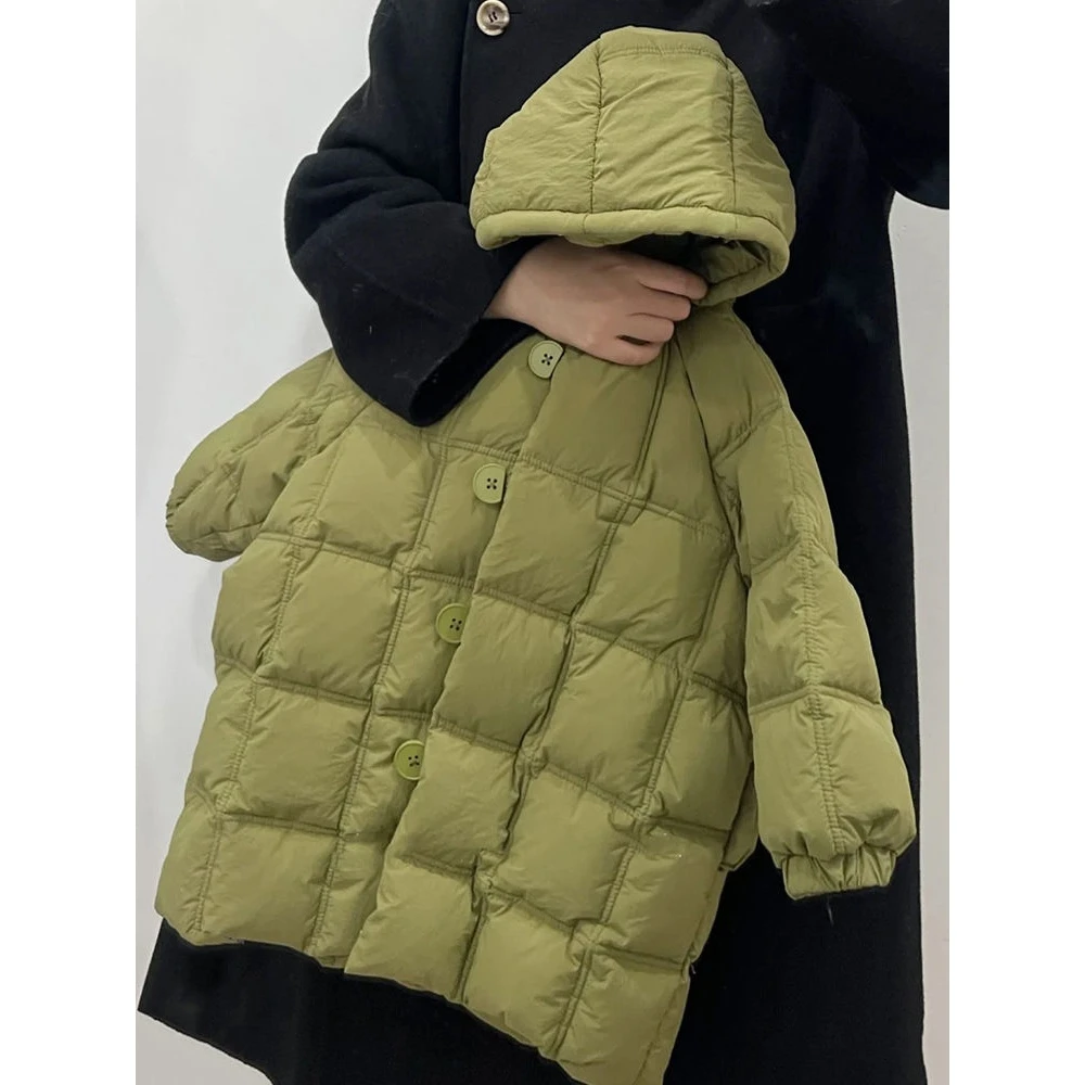 男女童中长款格子棉服儿童加厚保暖连帽外套韩国童装2023冬款棉衣