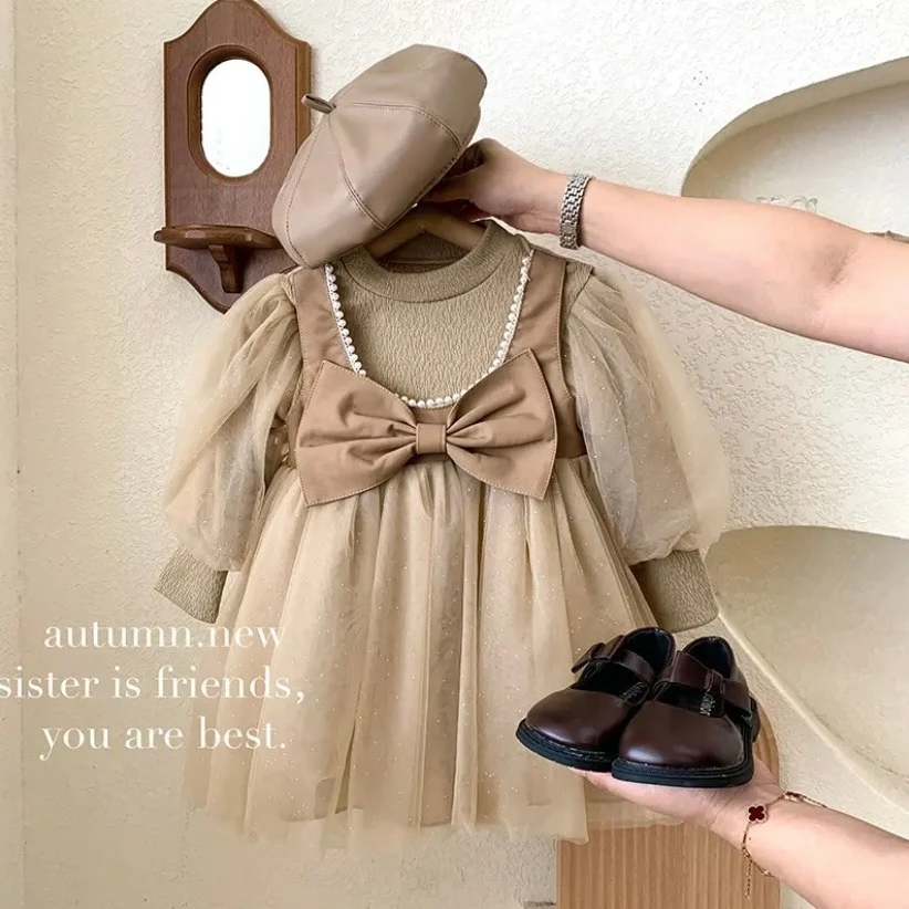 新品女童连衣裙春季时尚儿童女宝洋气蝴蝶结网纱裙子时髦假两件公