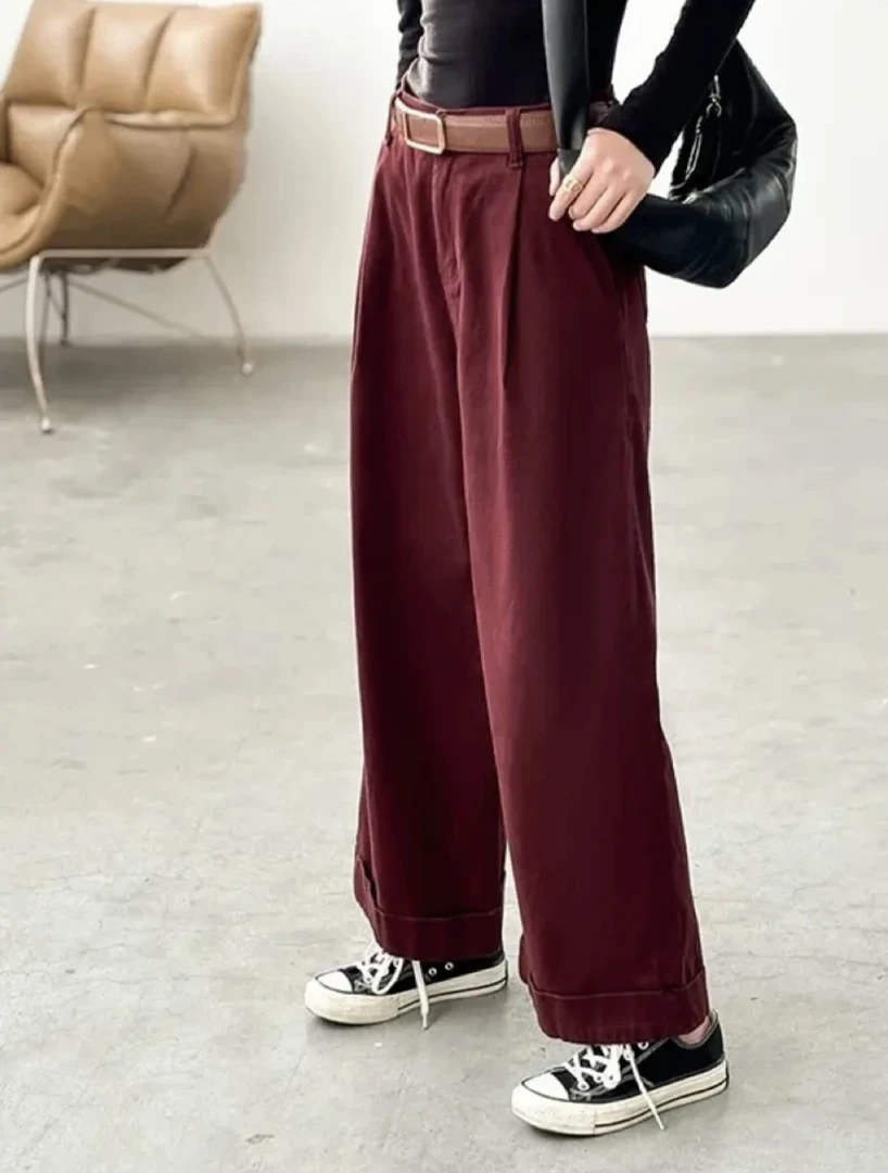 灵灵家9078秋季新款高腰简约百搭宽松直筒裤