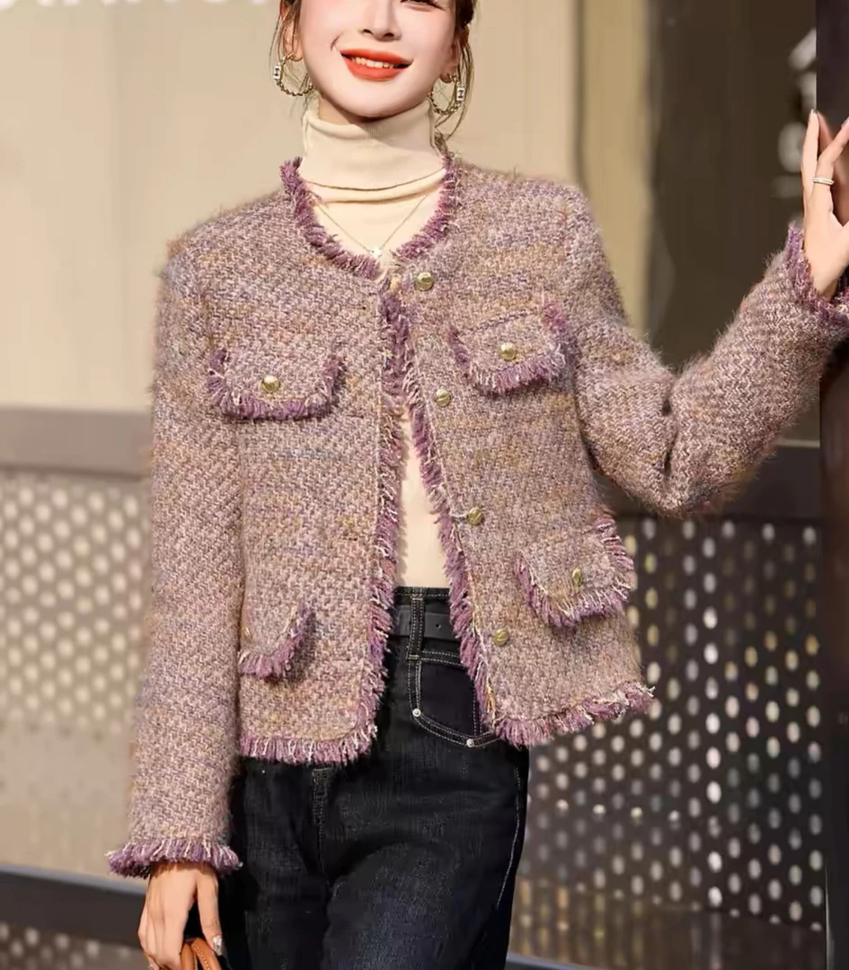 灵灵家1290冬季新款韩系高级感流苏小香风气质厚外套