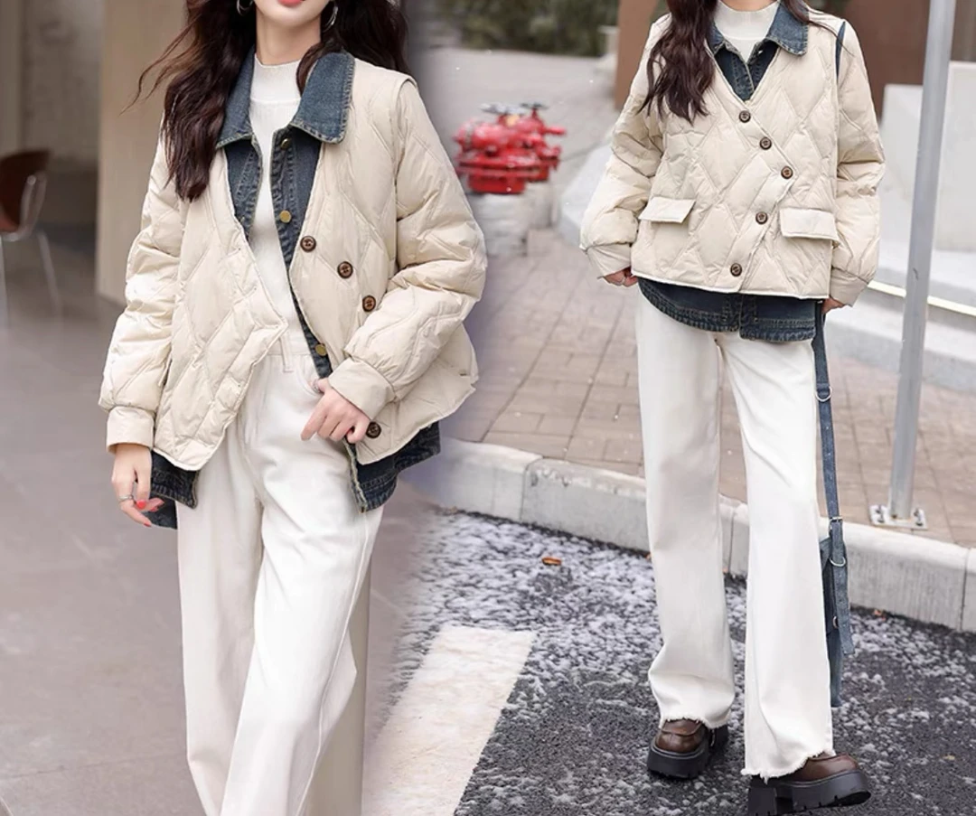 灵灵家9211冬季新款拼接时尚牛仔拼接设计感洋气外套