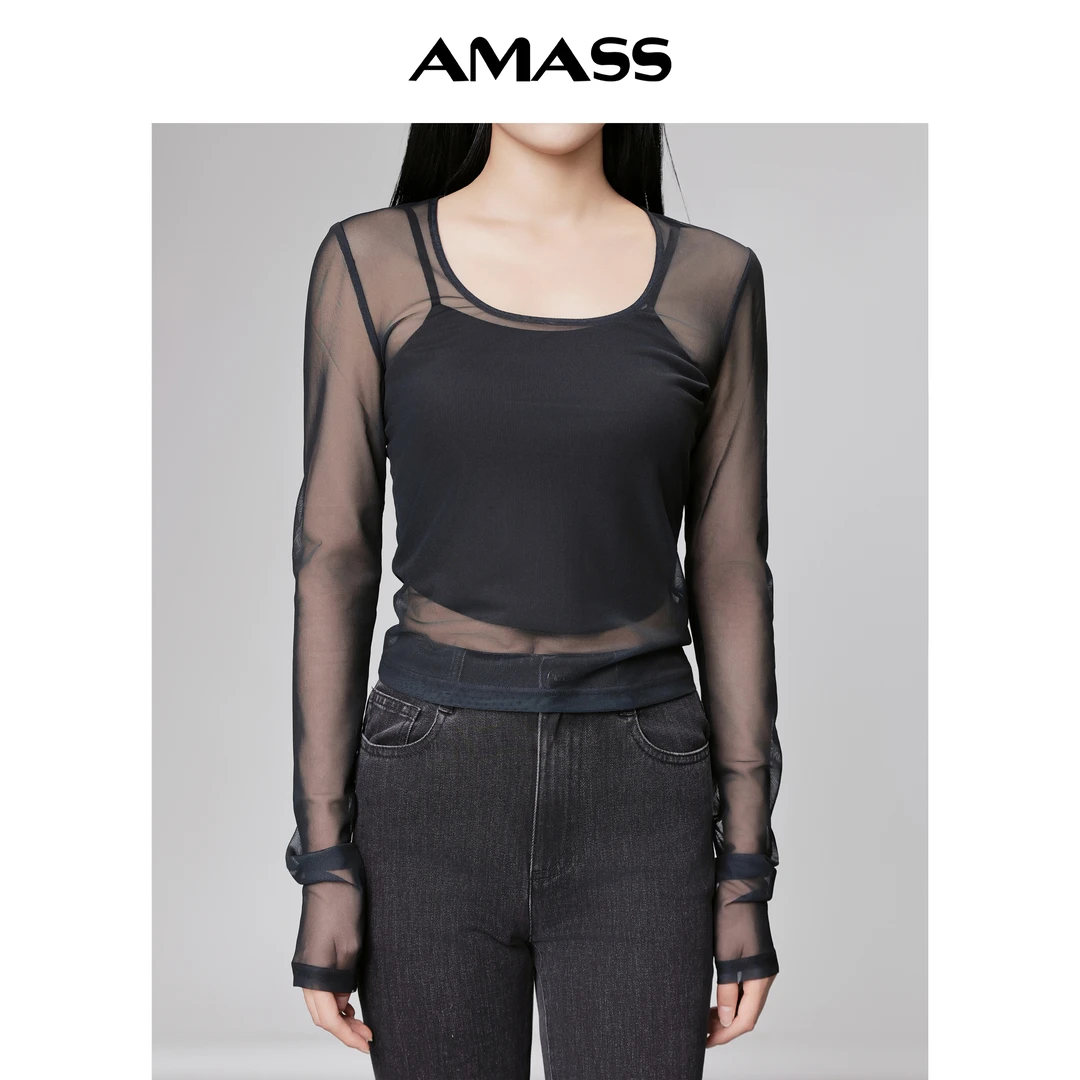 AMASS/阿玛施 显瘦时尚百搭圆领薄款印花亲肤纱衣5300927