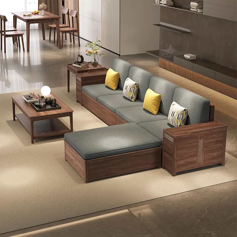 现代新中式黑胡桃全实木沙发组合家用别墅客厅小户型转角贵妃沙发