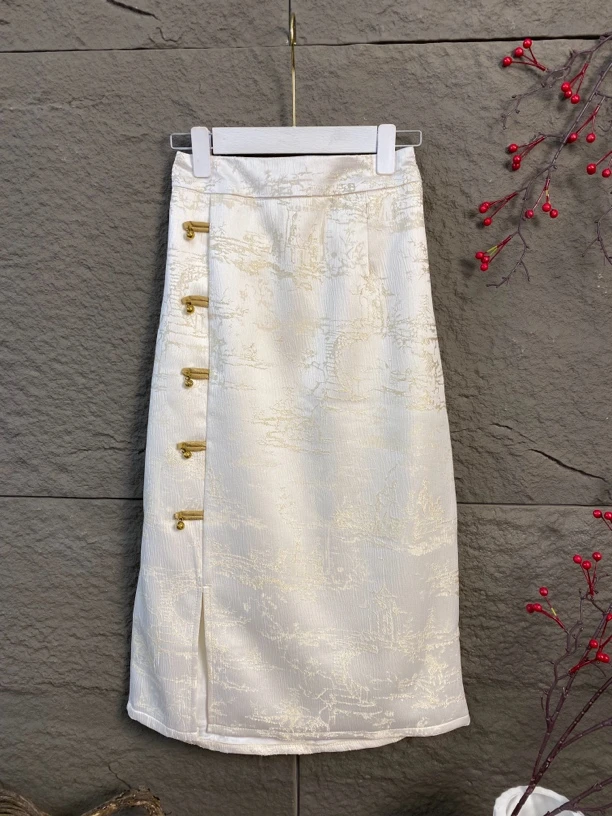 绣阁 新中式国风提花秋冬加绒修身显瘦时尚百搭长裙 裙子