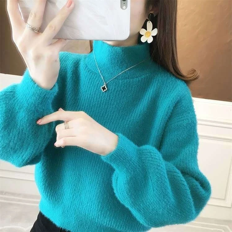 【不掉毛】毛衣女仿水貂毛秋冬套头慵懒风短款灯笼袖打底针织衫厚