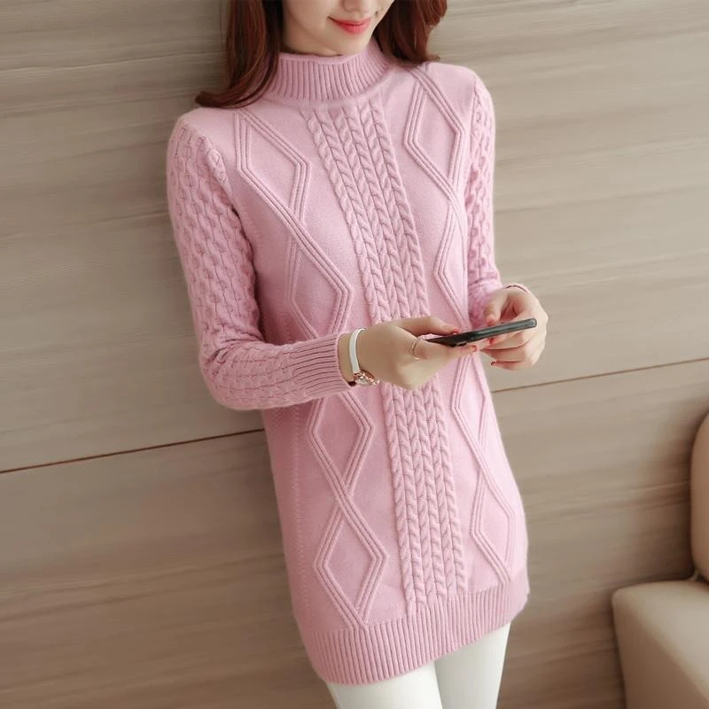 秋冬季半高领中长款慵懒风加厚纯色打底针织衫套头毛衣针织打底衫