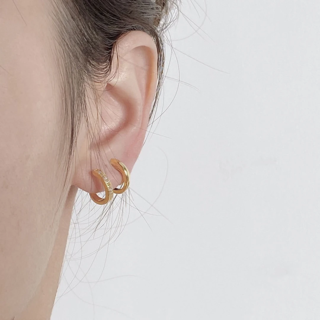 铜合金耳饰 简约个性c形双层半圆耳环日韩简约锆石蚊香盘耳耳夹