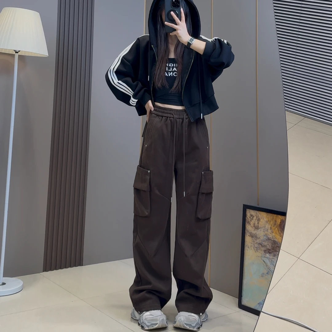 2024冬季加绒美式宽松工装裤女辣妹风阔腿裤抽绳休闲裤直筒裤