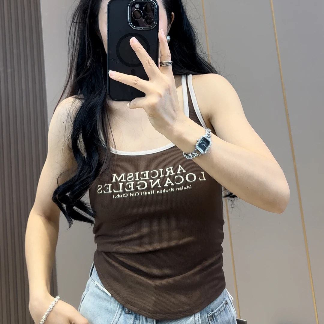 美式字母印花工字吊带背心女夏季辣妹带胸垫外穿别致性感外穿上衣