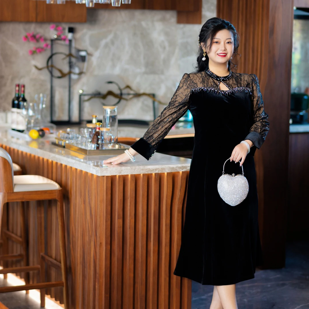 【夺目】青亦淳大码秋新品黑色丝绒裙重工钉珠复古旗袍连衣裙91177