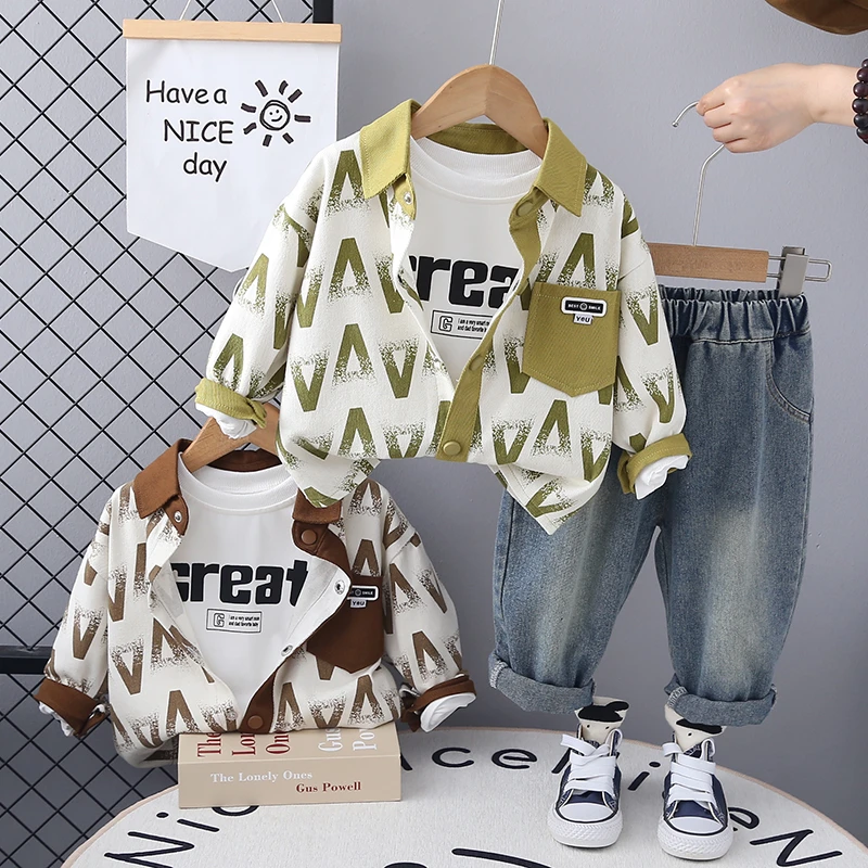 男童秋装套装2024新款中小童时髦春秋季衬衫三件套儿童洋气套装