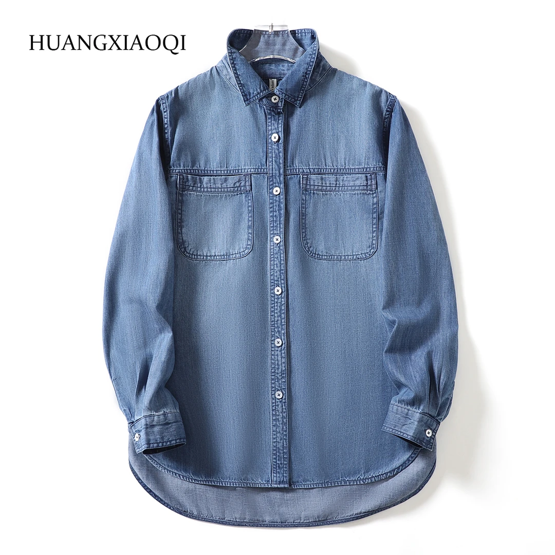 Huangxiaoqi Cowboy天丝棉牛仔衬衫宽松大码打底衬衣女83755