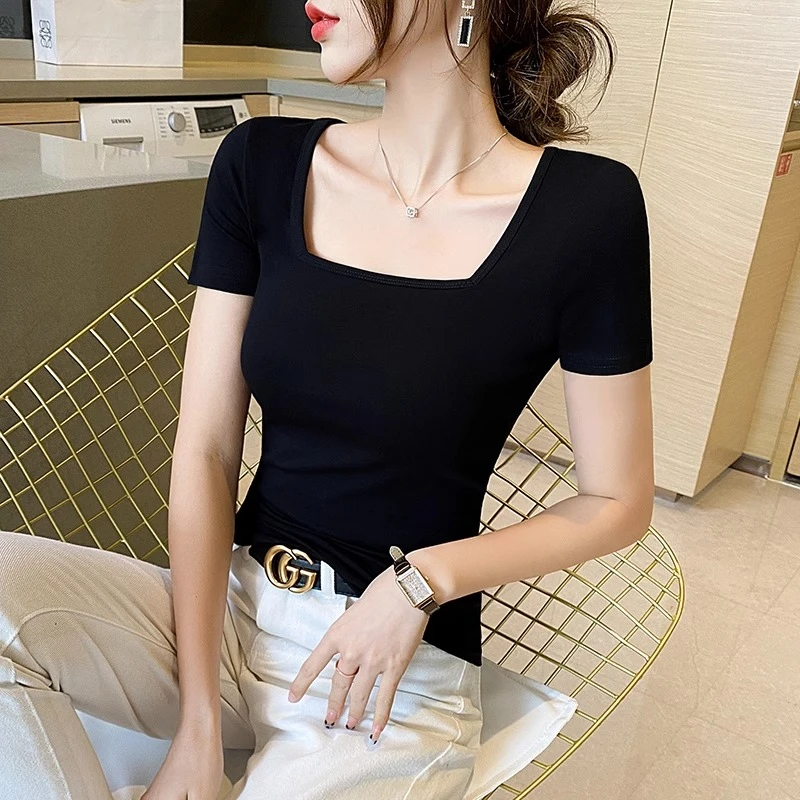 法式方领黑色短袖t恤女2024新款别致修身半袖纯棉内搭上衣体恤夏