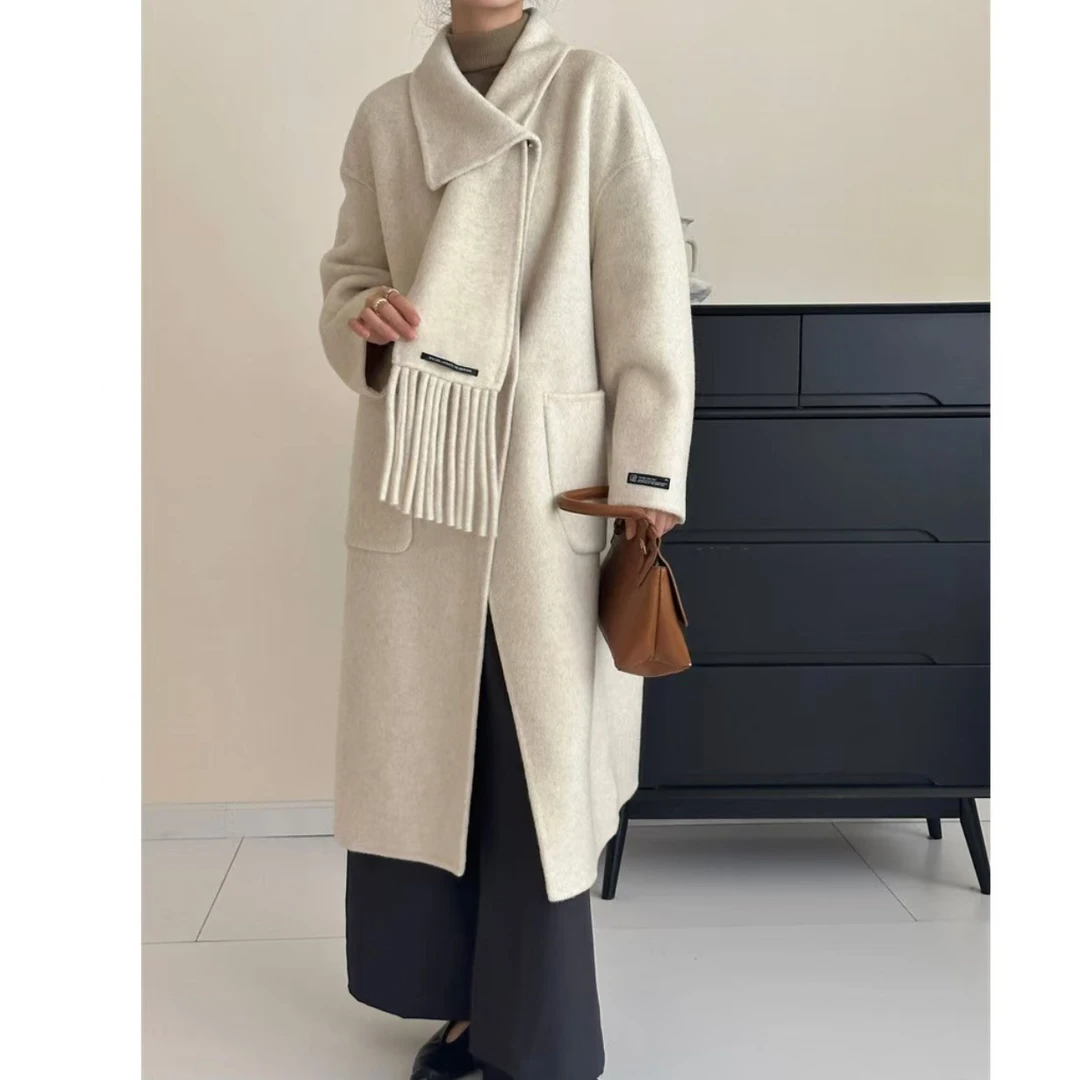 【CJJ.OOTD】2024年韩版轻奢围巾款中长款纯手工羊毛大衣2430