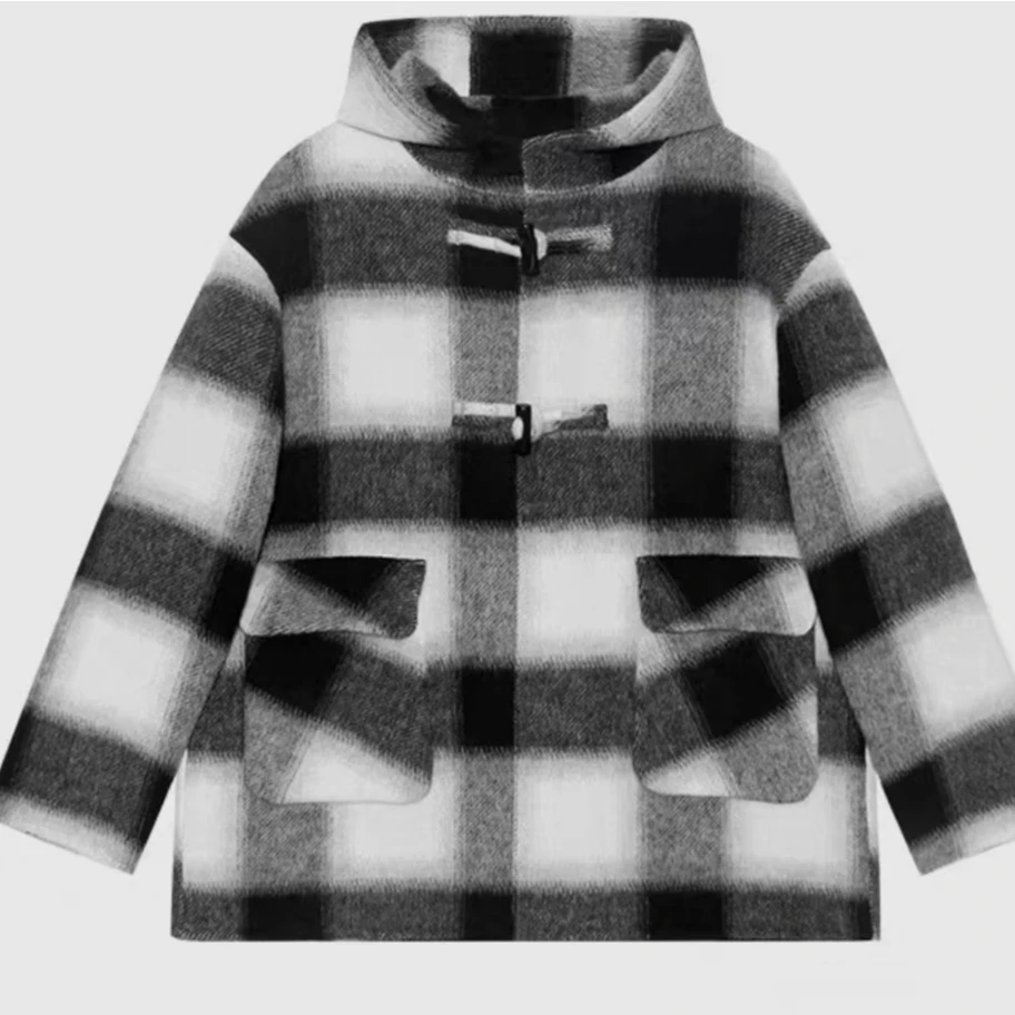 【格子爆款】秋冬爆款格纹撞色复古牛角扣中长款毛呢大衣8018