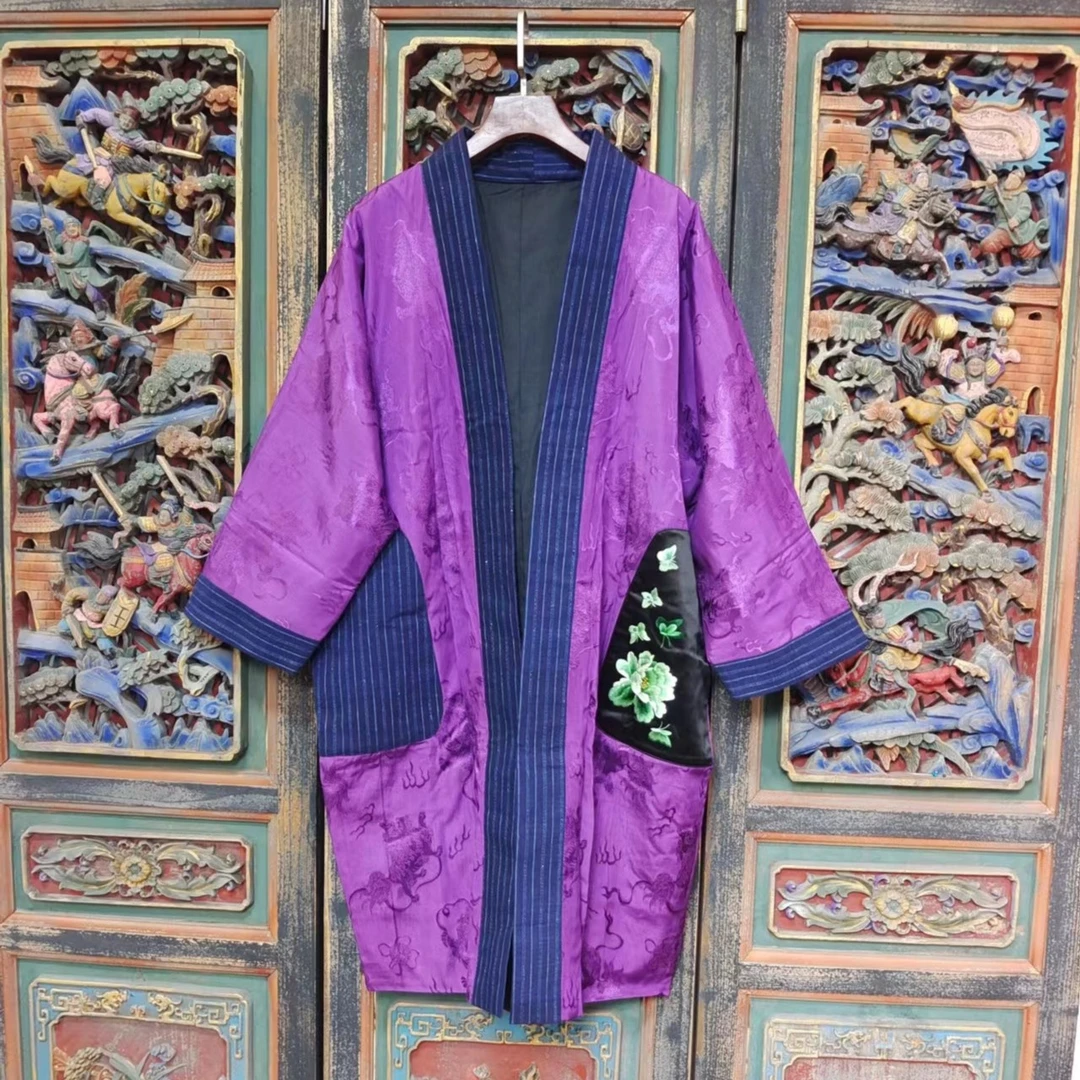 默默的绣中式对开手工刺绣提花棉缎反季中长薄棉民族风外披百搭