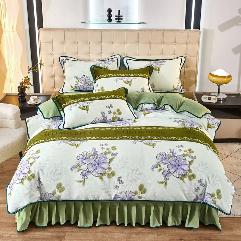 老姚家纺 2*2.3 繁花似锦 加厚云貂绒床裙款四件套 冬季印花奶绒