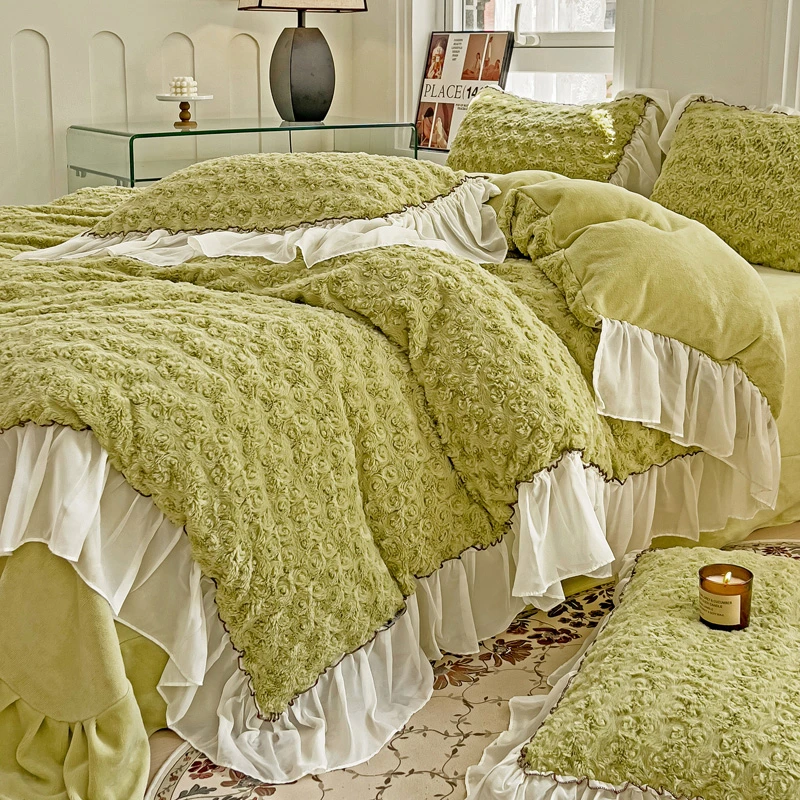 家廷茂加厚兔毛绒牛奶绒四件套韩版扭花吊边款双面绒被套床上用品