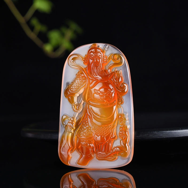 天然俏色巧雕玉髓玛瑙关公关二爷男款项链吊坠武财神挂件附赠证书