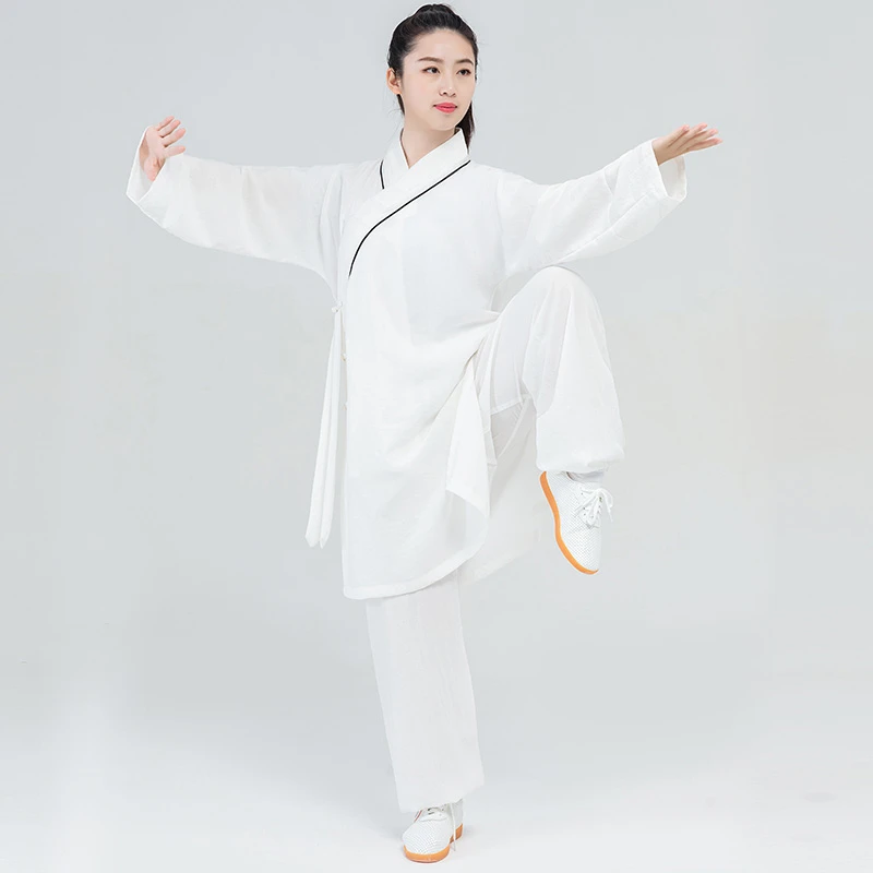 武当手工棉麻布衣练功服女中长款道袍斜襟太极服四季禅修居士飘逸