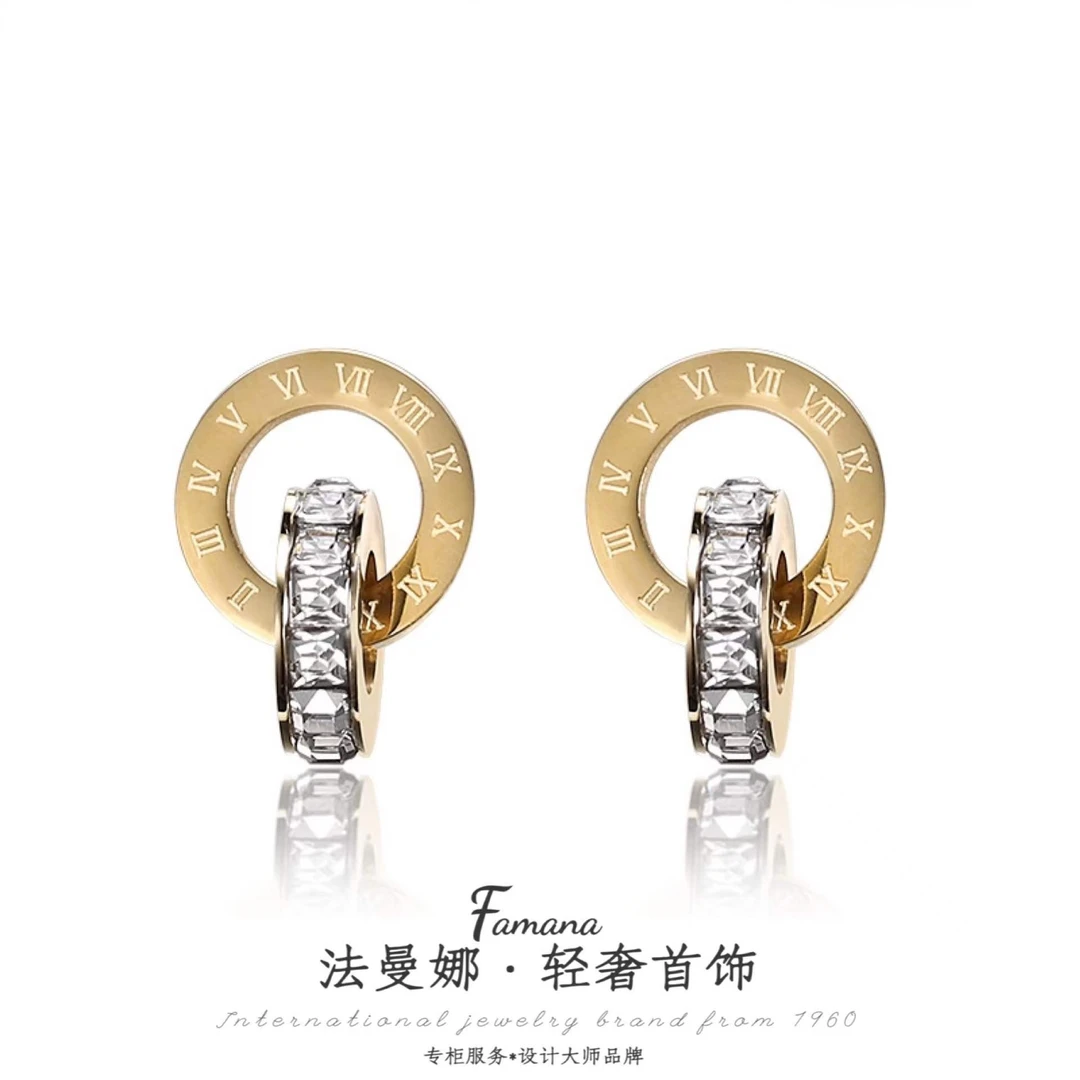 钛钢耳饰 时尚轻奢罗马双环耳钉（CL085）
