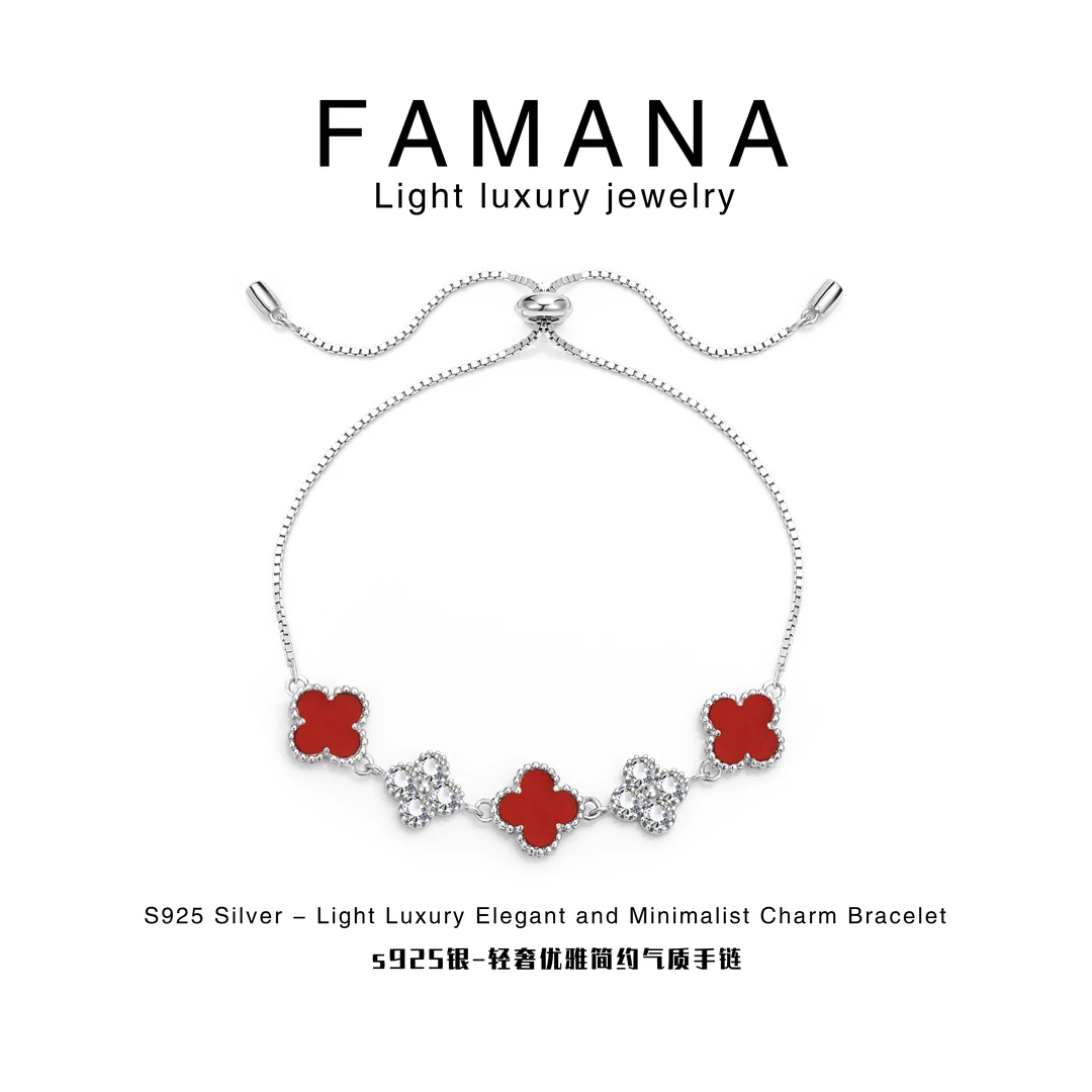 Famana/法曼娜 925银莫桑石手链 轻奢气质双色四叶花抽拉手链