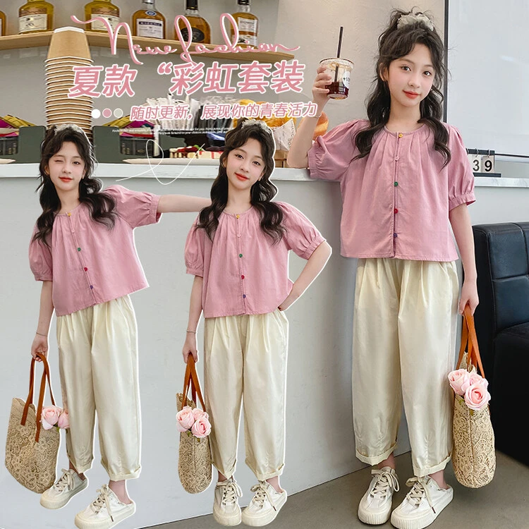 母女装 女童亲子同款25年夏季新品彩色纽扣套装洋气时尚阔腿青春