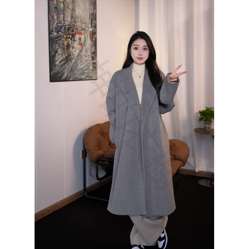 爆款粉色双面毛呢大衣女2024秋冬新款韩版宽松中长款赫本呢外套