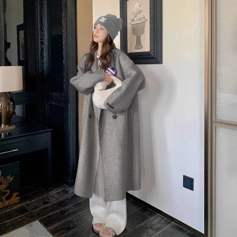爆款灰色双面毛呢大衣女2025秋冬新款韩版宽松中长款呢子外套8868