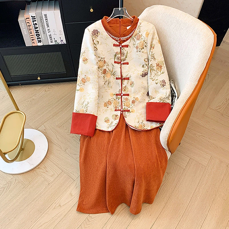 复古风女装2024爆款洋气大码夹棉服加厚外套旗袍连衣裙新中式改良