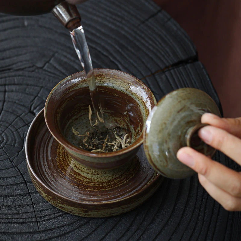 复古手工柴烧盖碗青瓷日式陶瓷古代功夫茶具三才盖碗泡茶茶杯带盖