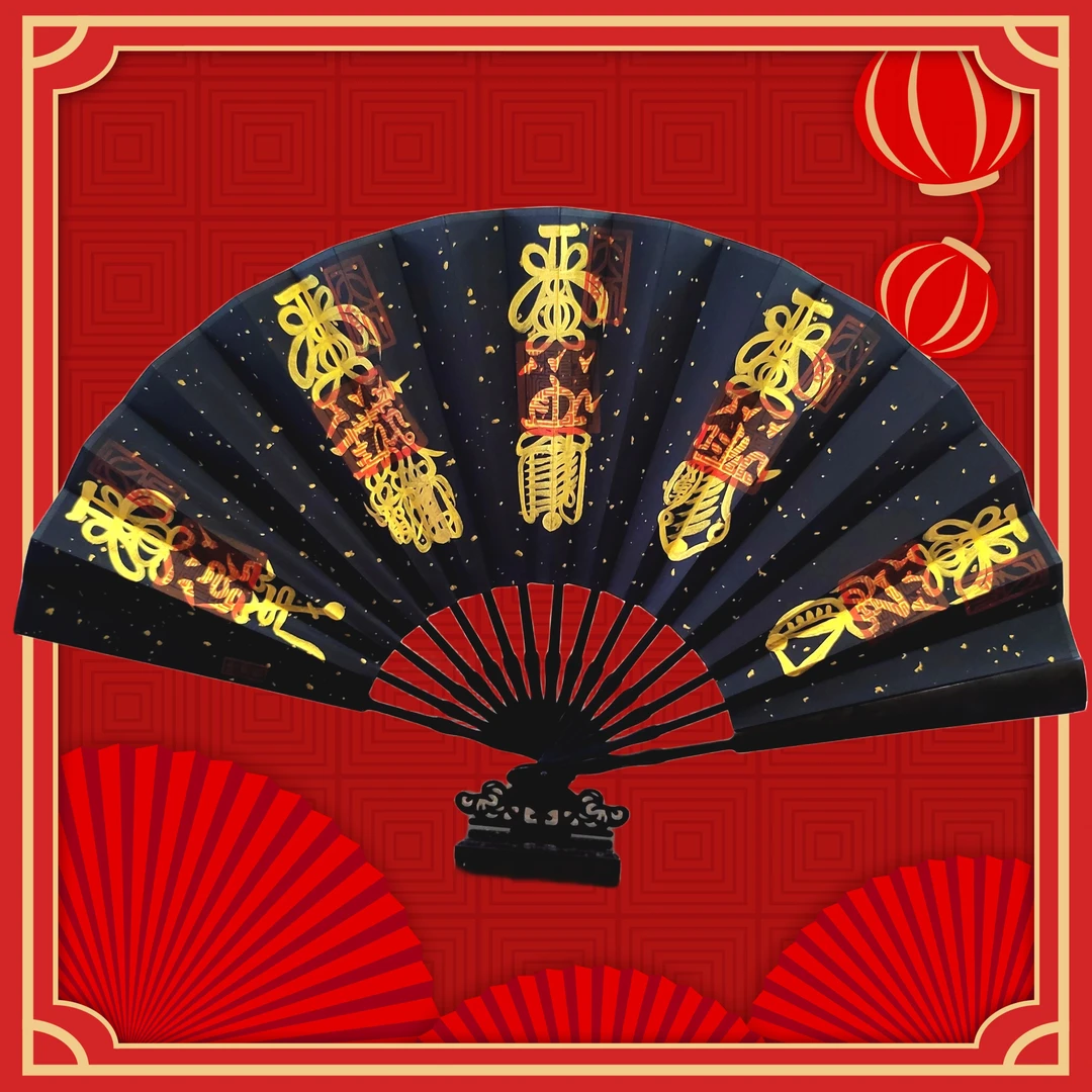 佬湘根纯手绘折扇五雷五路黑色古风扇子10寸双面檀木法扇摆件定制
