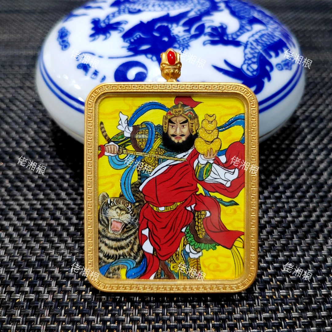 佬湘根唐卡吊坠赵公明金卡牌双面手工挂坠西藏饰品毛衣链挂件定制