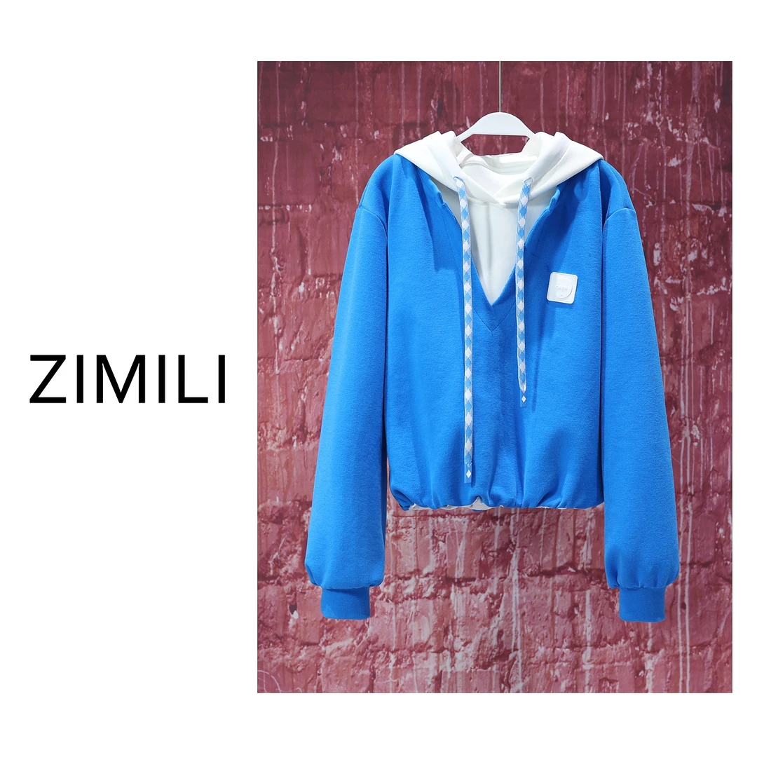【亮哥女装】2025欧货法国蓝色系撞色卫衣气质时尚假两件5566