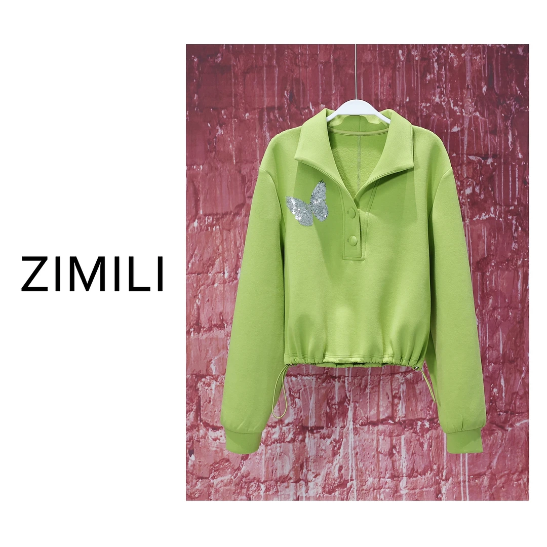 【亮哥女装】2025欧版莱赛尔天丝香草绿翻领蝴蝶烫钻抽绳卫衣5520