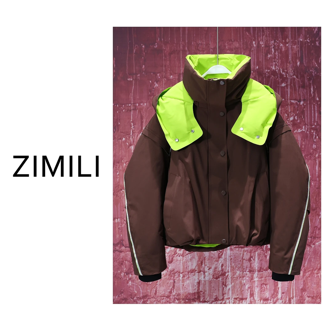 【LIANG哥女装】2024冬季咖啡色撞色果绿时尚连帽高领羽绒服25769