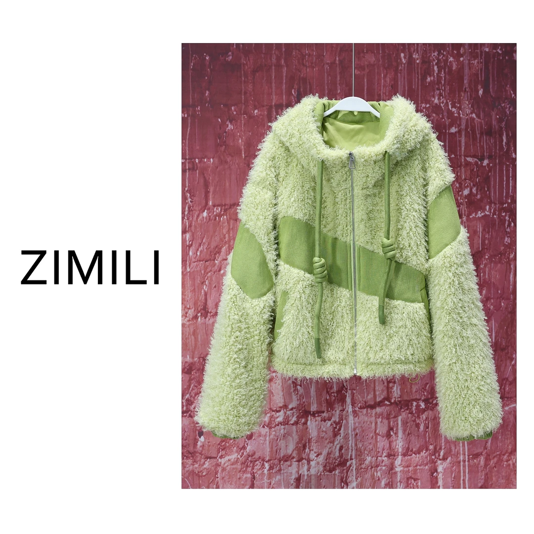 【LIANG哥女装】冬季高级感牛油果绿拼接连帽毛毛衣外套/5589