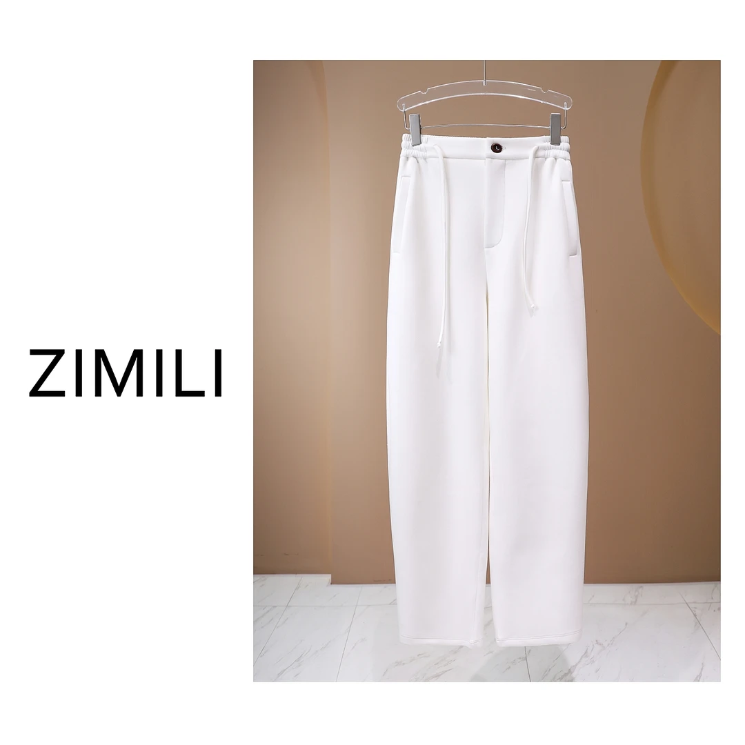 【程二女装】2025春季欧货设计师款白色抽绳镰刀形阔腿裤/5293
