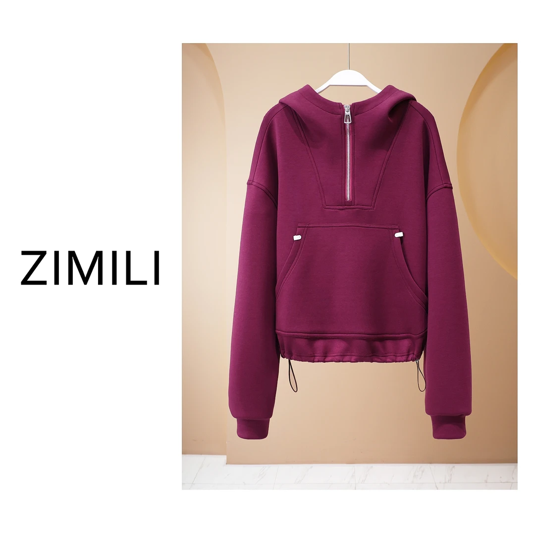 【LAING哥女装】2025欧版莱赛尔天丝轻薄绛紫色连帽半拉链卫衣5323