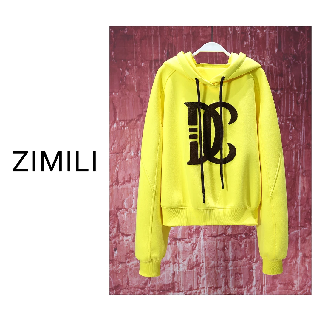 【LING哥女装】2025早春小众衫作嫩鹅黄字母毛巾绣连帽卫衣/5686