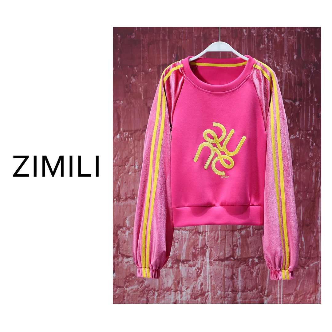 【LIANG哥女装】2024小众设计《魅力与洋气》玫红色丝绒拼接卫衣/5706