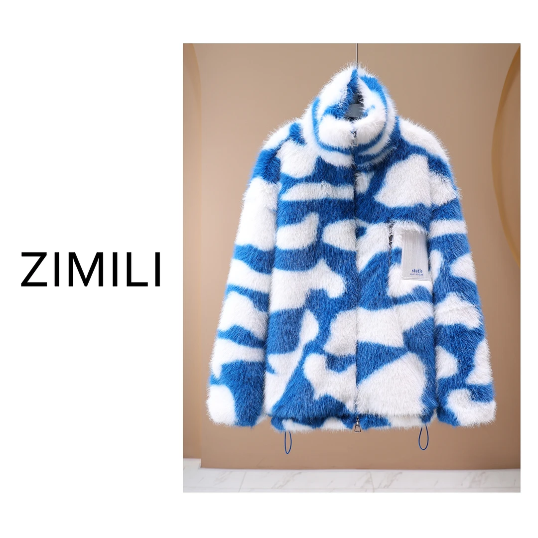 【LIANG哥女装】冬季国潮晴山蓝撞色加厚羊羔毛设计师时尚外套5210