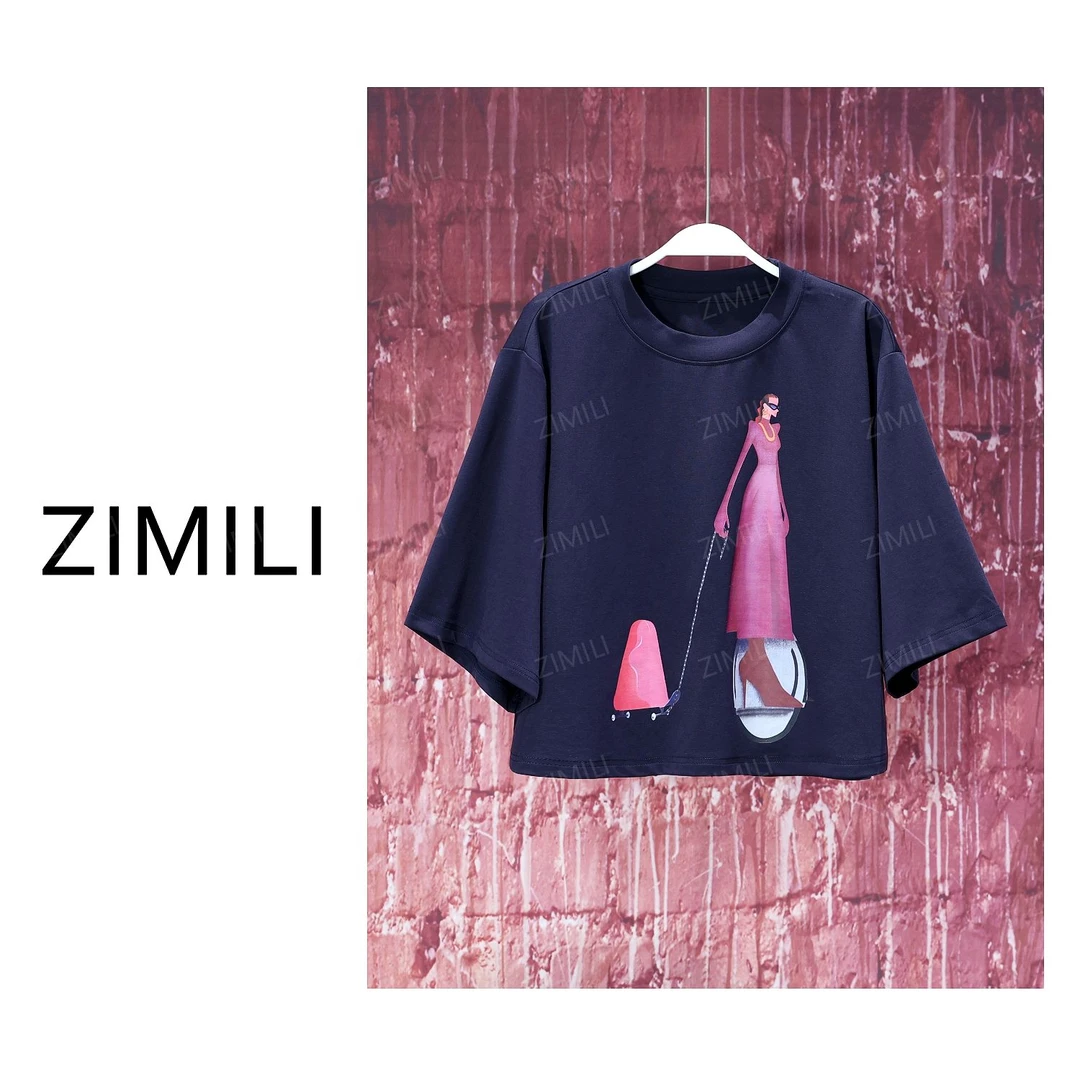 【亮哥女装】2025欧版莱赛尔天丝轻薄透气藏蓝色印花T恤/3268