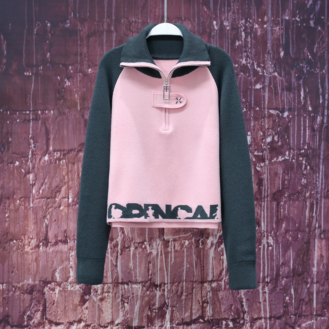 【LIANG哥女装】2024气质时尚撞色拼接印花高领针织衫毛衣/1983A