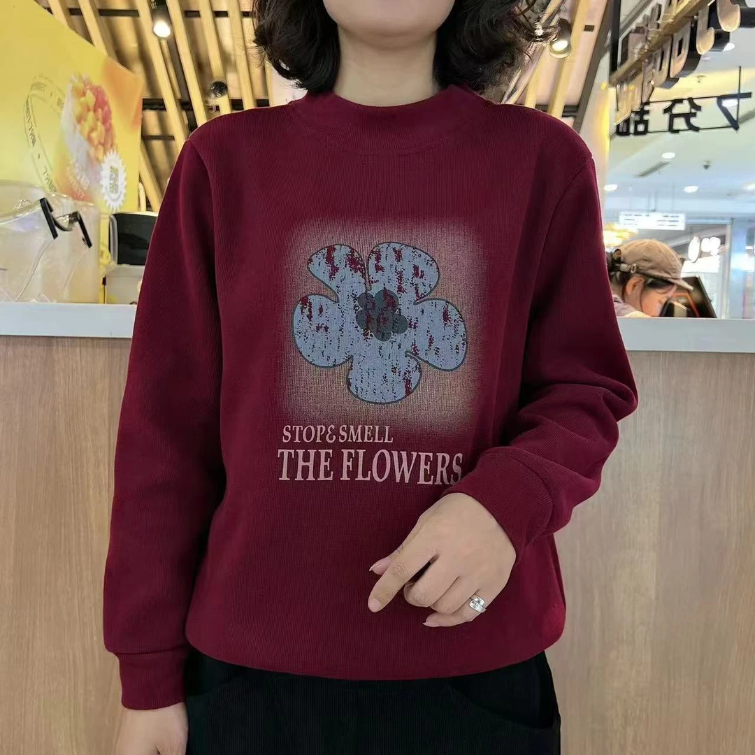 秋冬季圆领百搭遮肚子加绒加厚卫衣休闲妈妈款宽松长袖休闲打底