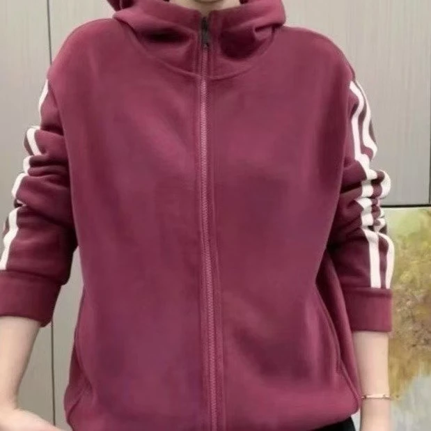 秋冬加绒加厚时尚百搭宽松休闲运动拼条双面澳粒绒连帽外套